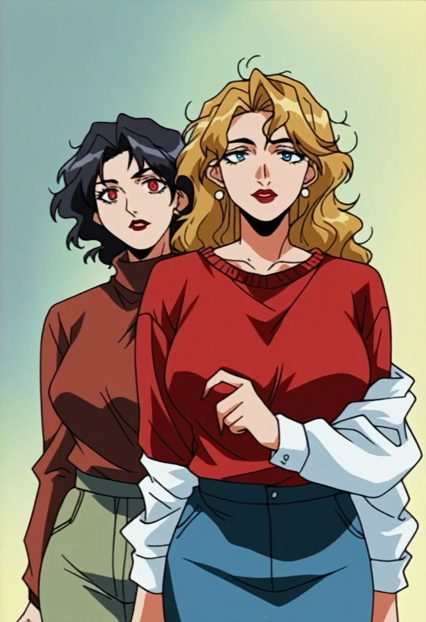 2 woman, 1 beautyful mature woman, blonde wavy hair, encorped body, red lipstick, whole body red sweater, milf, red eyes, large breasts, huging with 1 beautyful woman, black hair, messy hair, black sweater, blue eyes, black lipstick