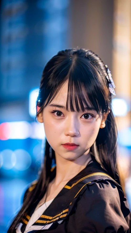 best quality, ultra high res, (photorealistic:1.4), 1girl, (the girl wearing black sailor uniform), night, shibuya 109 background, shibuya, city light, cinematic lighting, 80s filter, detailed face , looking at viewer, front view, idol