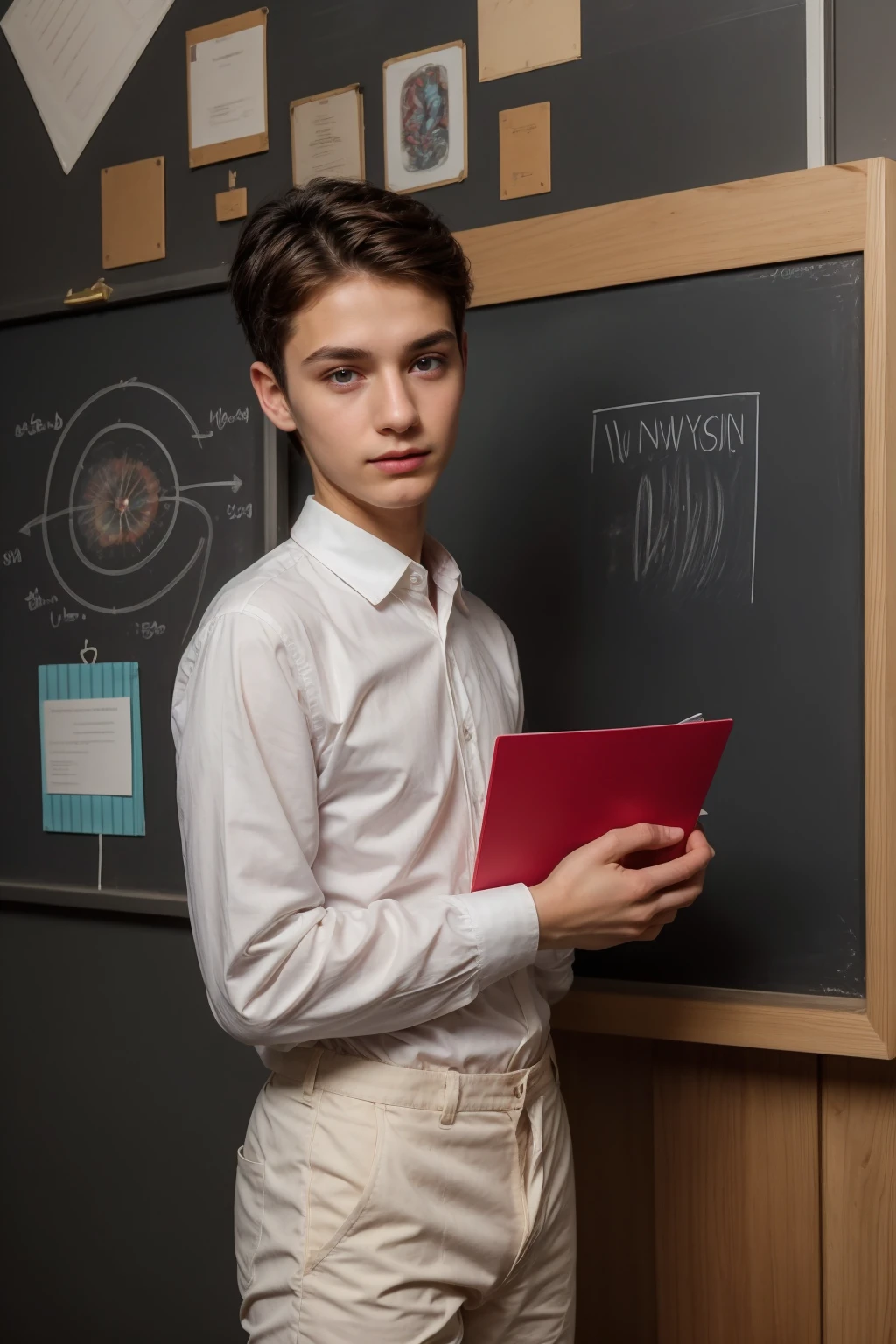 A beautiful young male twink, cute, with black hair and a face with reddish makeup, wearing a bright white long-sleeved shirt and aqua blue pants, and he is in his office, and behind him is a blackboard on which is written the shape of the brain and its anatomy, and nuclear energy comes out of it, and he has an innocent face with makeup. And red cheeks.