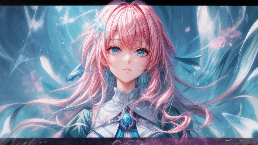 Anime girl with pink hair and blue eyes wearing a blue dress., portrait, Knights of the Zodiac, , detailed digital animated art, hermoso portrait animado, anime girl with cosmic hair, Pink hair and cyan eyes., 4K anime style, digital animated art, anime fantasy illustrations, anime fantasy illustration., portrait chica anime, anime in fantasy style, Detailed anime character art
