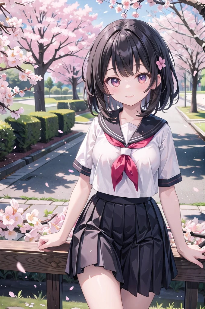 (masterpiece), school, cherry blossoms, outdoors, 1girl, serafuku, medium hair, black hair, smile, medium breasts, light particles, dappled sunlight