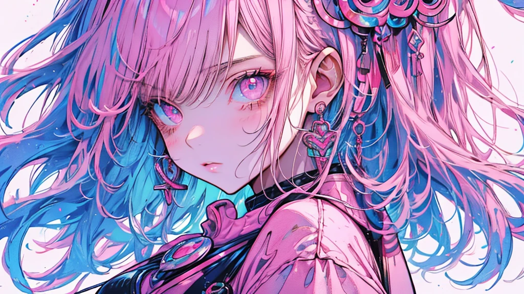 Hongliu, 1 girl, alone, long hair, looking at the viewer, blue eyes background, white background, jewelry, closed mouth, Jacket, Upper body, pink hair, earrings, pink eyes, necklace, From the side, sweater, lips, eyelash, compensate, wavy hair, earrings, cross, lipstick, ear earrings, eye shadow, hoop earrings, pink lips, multicolored eyes, pink theme, , pink eye shadow,