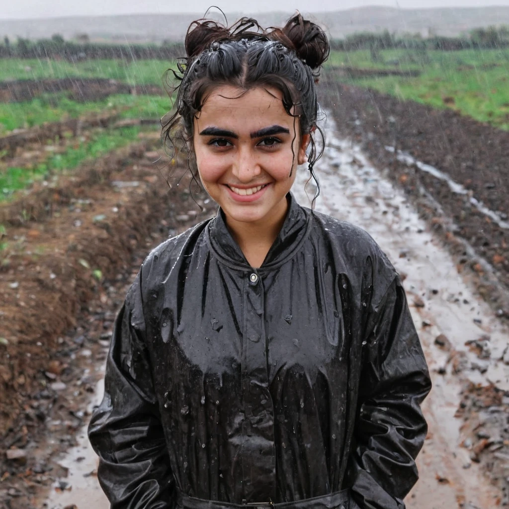 Curly bun hair black eyebrows kurdish girl standing in country raining dirty smiling