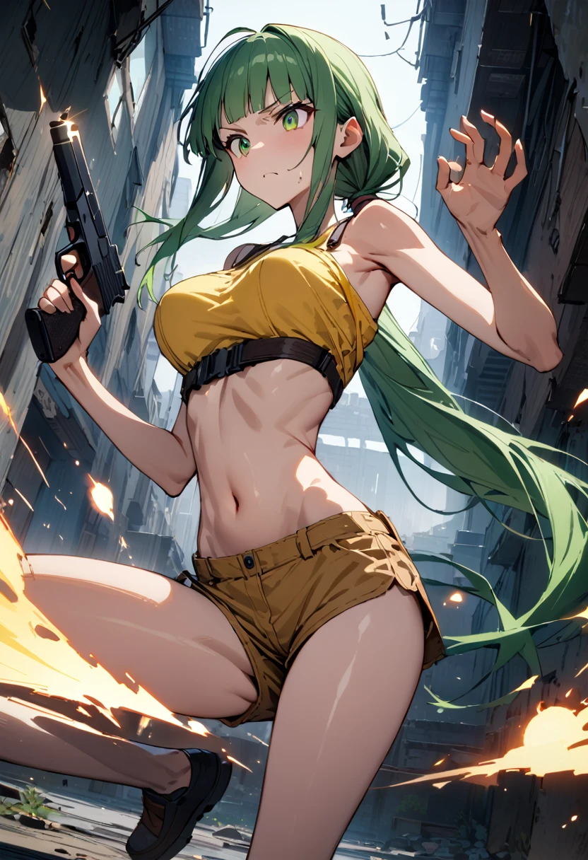 Action Scenes、((masterpiece,Highest quality:1.3)),cowboy shot,1woman,30 year old beauty、Investigator、独奏,(very small head:1.3),green hair,(low ponytail),long hair,blunt bangs,green eyes,gorgeous eyes,Serious expression、medium breasts,(very long body:1.2),(toned body,slender body,skinny),gleaming skin,shiny skin,oily skin,Yellow tube top shirt、navel、Yellow micro shorts、A precisely rendered handgun in one hand、((Shoot a gun、Firing stance)),Run、Tracking、Inside an abandoned building、World of Blade Runner、