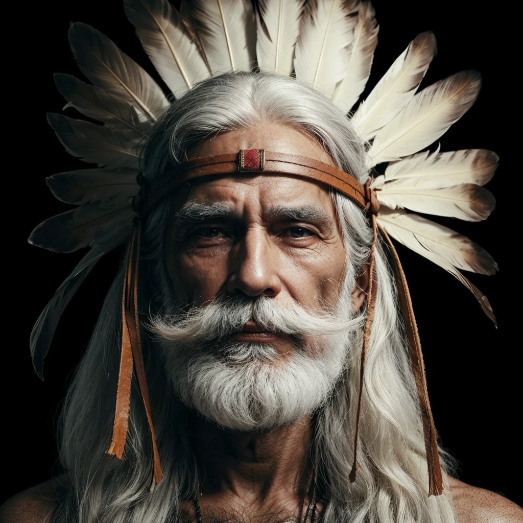 Elderly indigenous male with a soft expression and straight gray hair semi-tied by a brown leather headpiece with a large white feather behind the head in a central vertical position