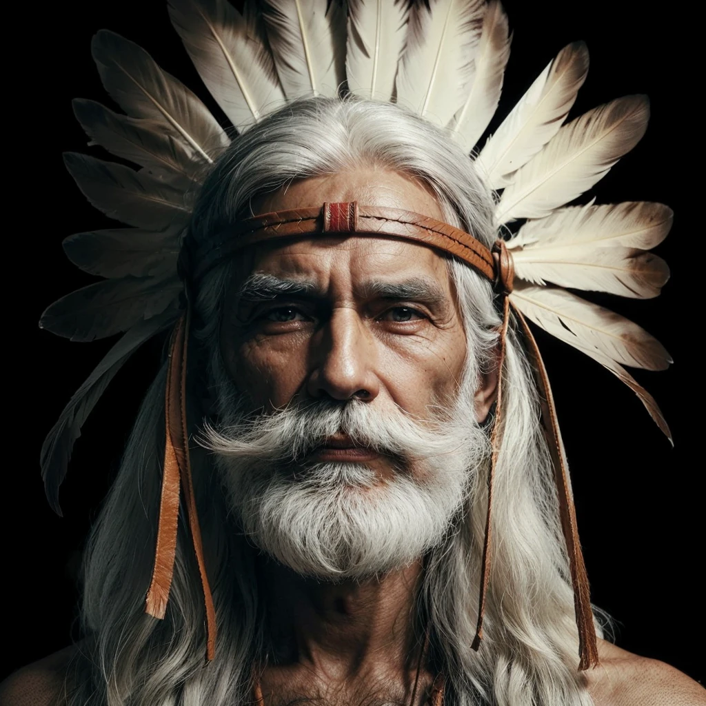 Elderly indigenous male with a soft expression and straight gray hair semi-tied by a brown leather headpiece with a large white feather behind the head in a central vertical position 