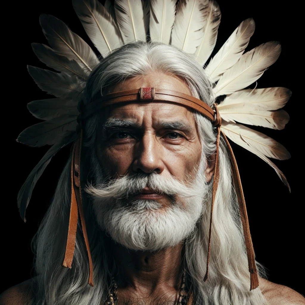 Elderly indigenous male with a soft expression and straight gray hair semi-tied by a brown leather headpiece with a large white feather behind the head in a central vertical position 