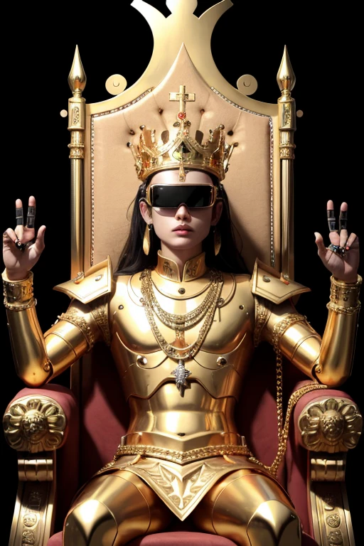 A robot sitting on a golden throne with a shiny golden crown with jeweled tattoos on his arms wearing virtual reality glasses