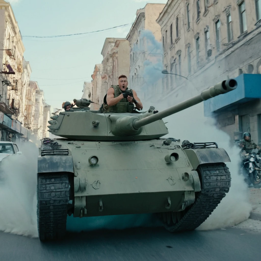 a guy sitting in a car, a guy in shock, the car turns into a tank, a tank drives through the city