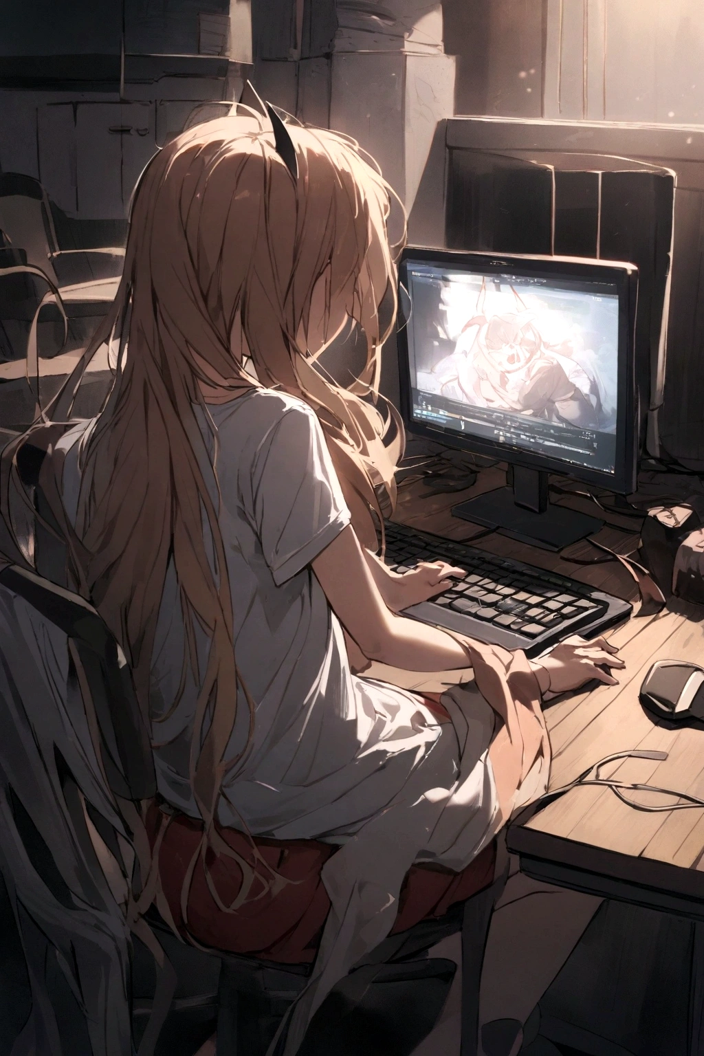 A Power,sitting on a chair,playing on a PC,wearing a shirt written, Harl,in the middle .