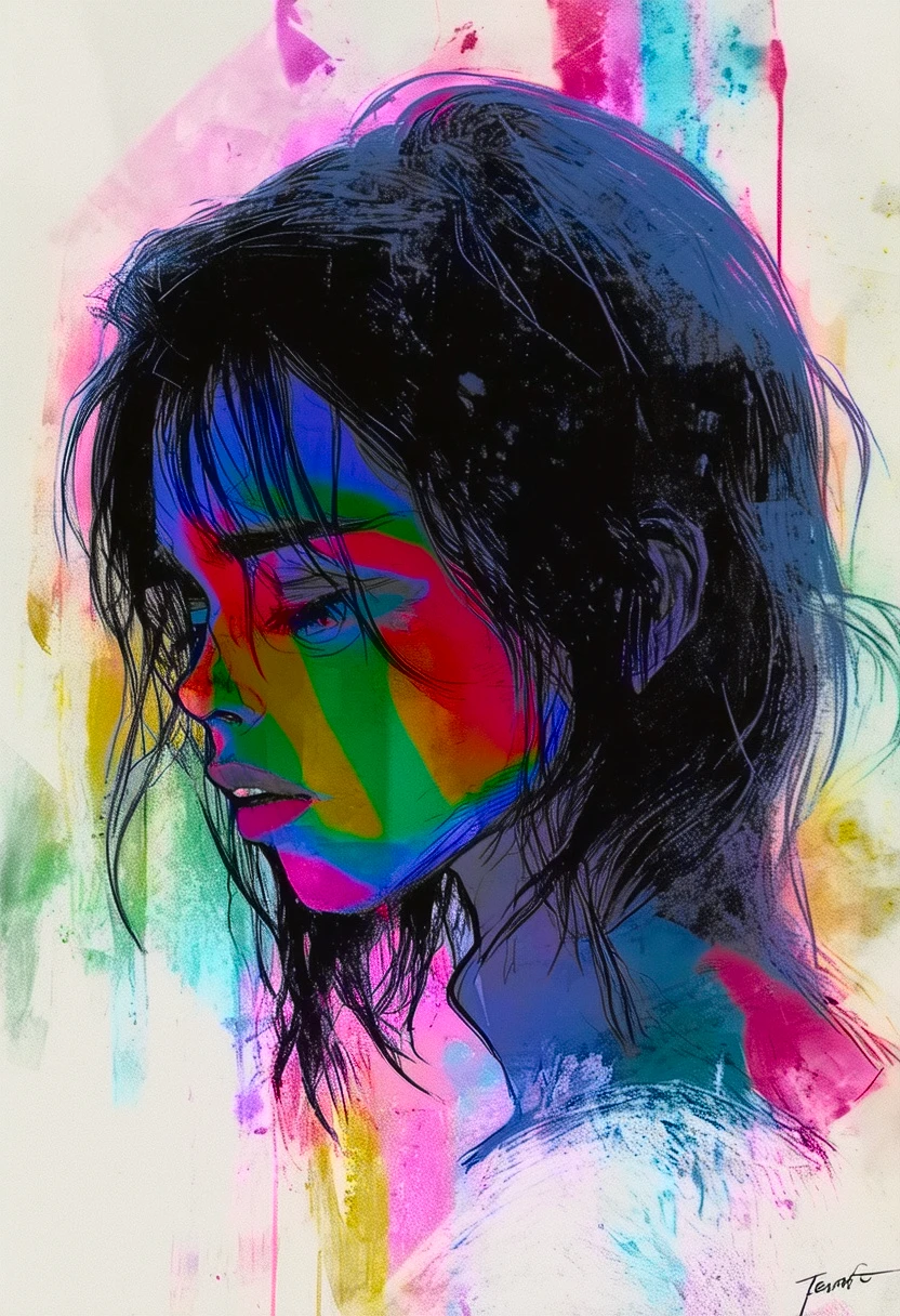 Twin Peaks, Shelley, unseen overwhelming maximal sorrow, VHS, glitch, distorted, nostalgia, 90's retro vibes, analog tape, vcr aesthetics, tv, television, hand drawn, (full roygbiv color) ink charcoal expressive illustration, no light source, darkness, light mask uv rays across face,