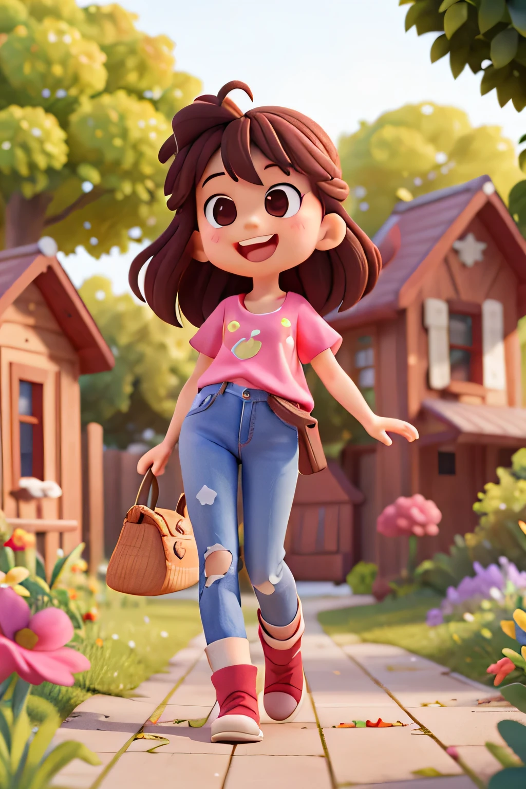A lively girl around 14 years old, skin fair, long dark brown hair, lightbrown eyes, a pink shirt, jeans and boots, on a street with houses and trees, flowers, enchanted, looking straight ahead, Grinning, during the day, with sunny day in Disney Pixar Cartoon Type A V1 format.0
