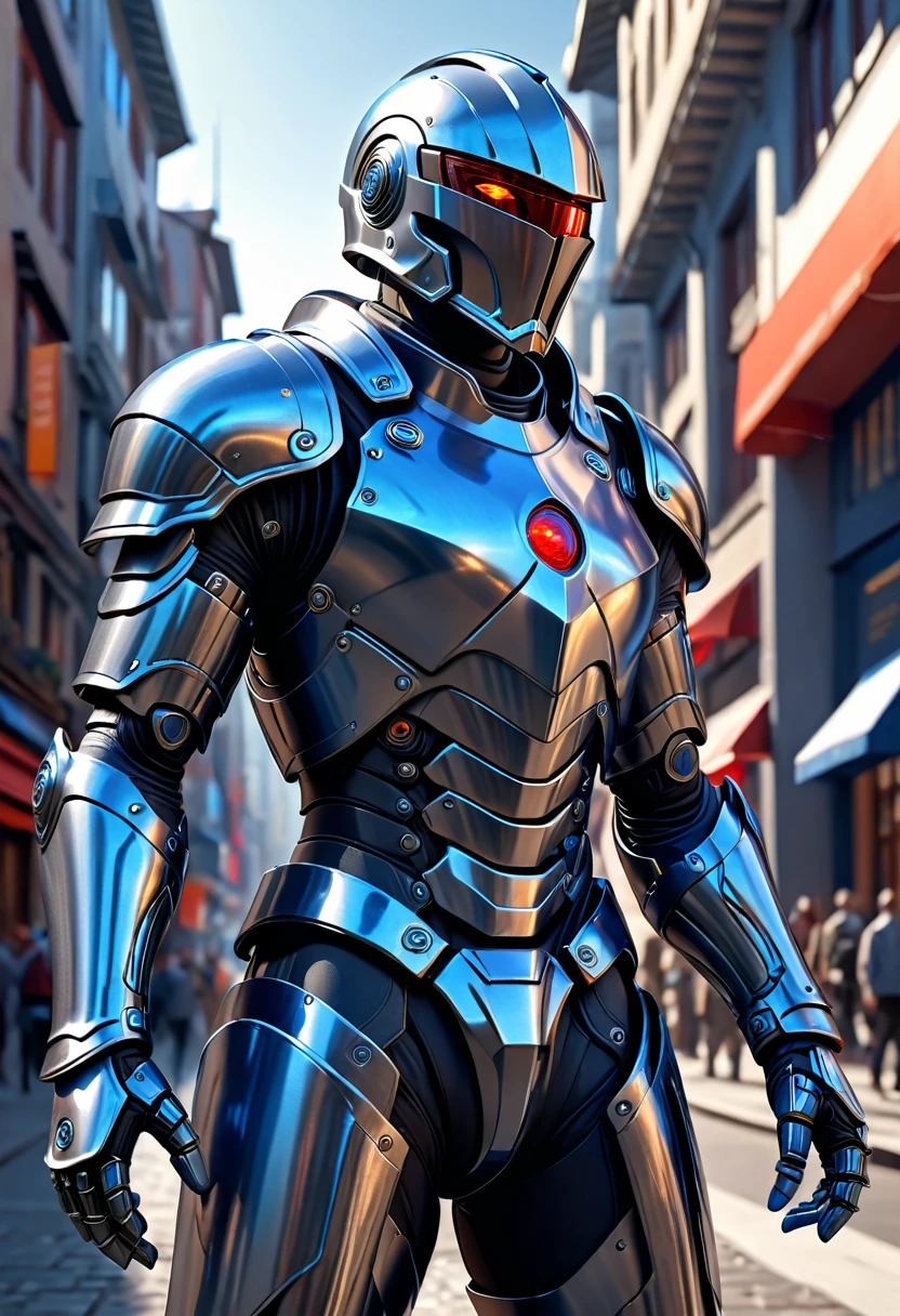 Full body image of a male high-tech knight with barbuda helmet, full helmet, slim, tight-fitting, biomechanical, intricate details, segmented chest plates, (grey chest, grey helmet:1.3),(blue gauntlets, blue gloves, blue boots:1.3), sleek armor, reflective surface, aerodynamic, tech undersuit. highly detailed, hyper detailed, photorealistic, ultra detailed, masterpiece, best quality, 8k. city street background, daytime , (red eyes), hands relaxed,  open hands,   blue cape. (highres:1.3) (4k,8k,best quality, masterpiece), full-body image, volumetric lighting, lens flare.
