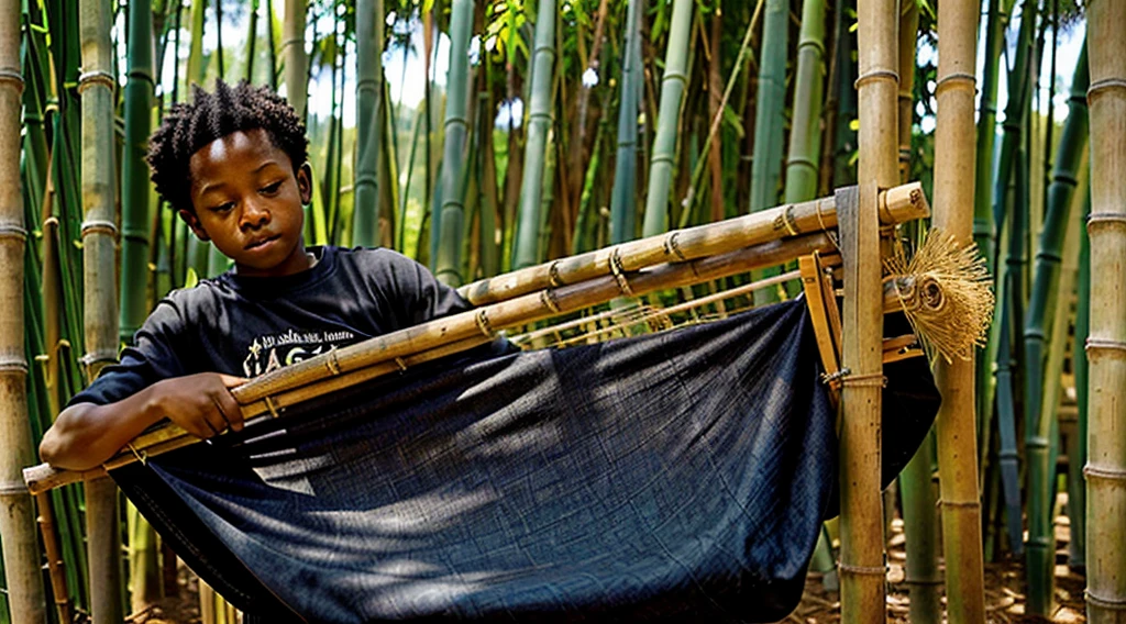 Image of a black ager, 12 yearing a dark gray long-sleeved shirt, short curly hair - long pants, straw sandals - gets up from the straw mat - bamboo leaf - wakes up scared with, looking in profile at the bamboo grove, image of the bamboo grove - Image of him getting up from the straw mat - wakes up early in the morning -