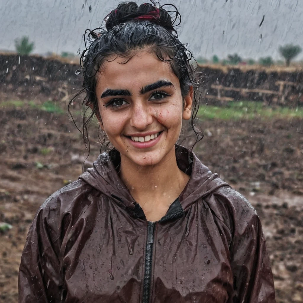 Curly bun hair black eyebrows beautiful kurdish girl standing in country raining dirty smiling naughty