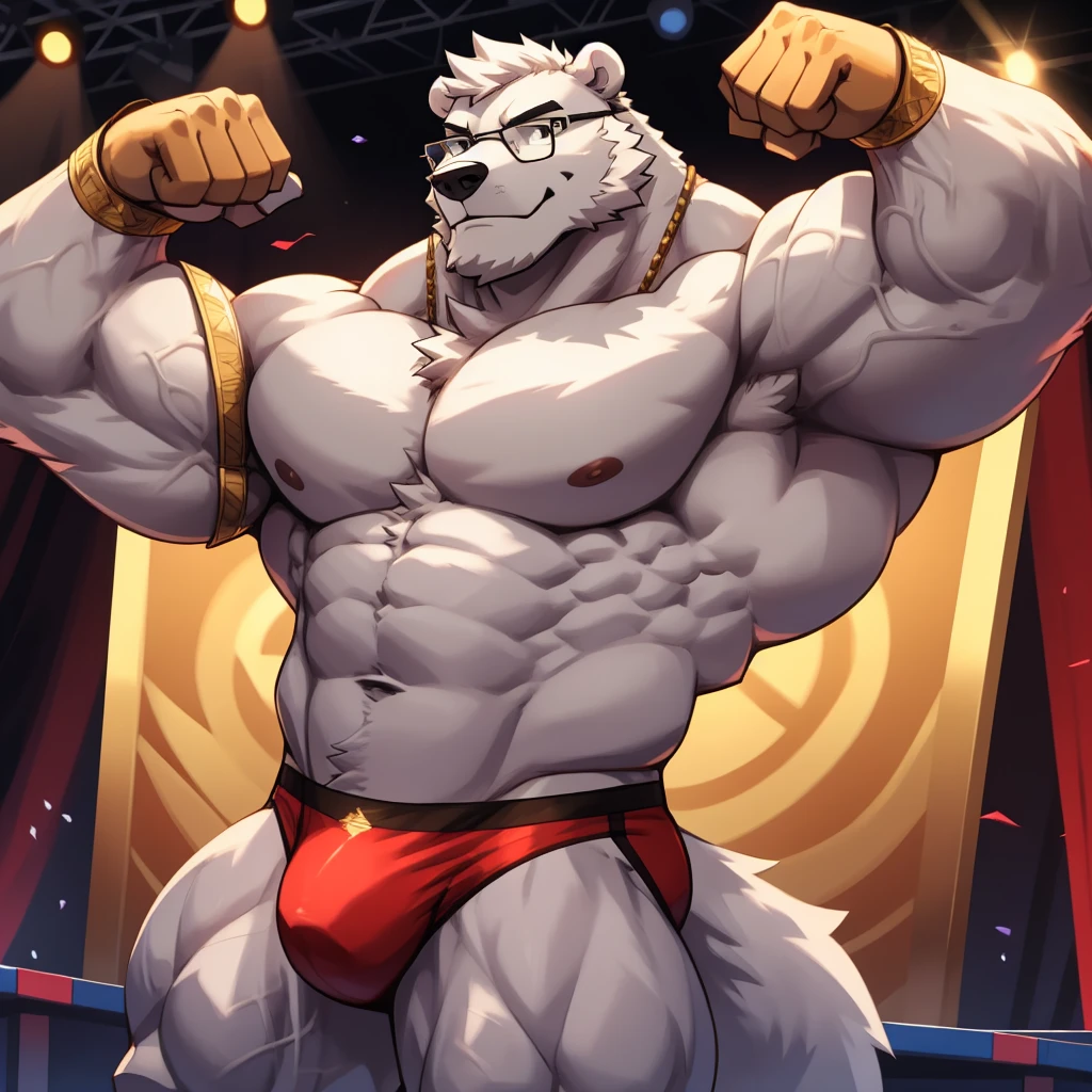 solo, 1boy, Huge White Muscular Polar Bear wearing glasses, huge white fur, pectoral, huge pectoral, wide pectoral, huge white fur, short white hair, blue competitive briefs, shirtless topless, bearded white,
White Mustache, bodybuilding competition stage background, masterpiece, high detailed, 8k, high resolution, at the stage flexing whole body veiny. (Side chest bodybuilding pose). Winner, gold metal
