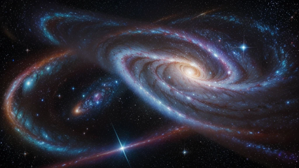 "Draw a bright quasar with a spiral galaxy in the background, showing the immensity of the universe."