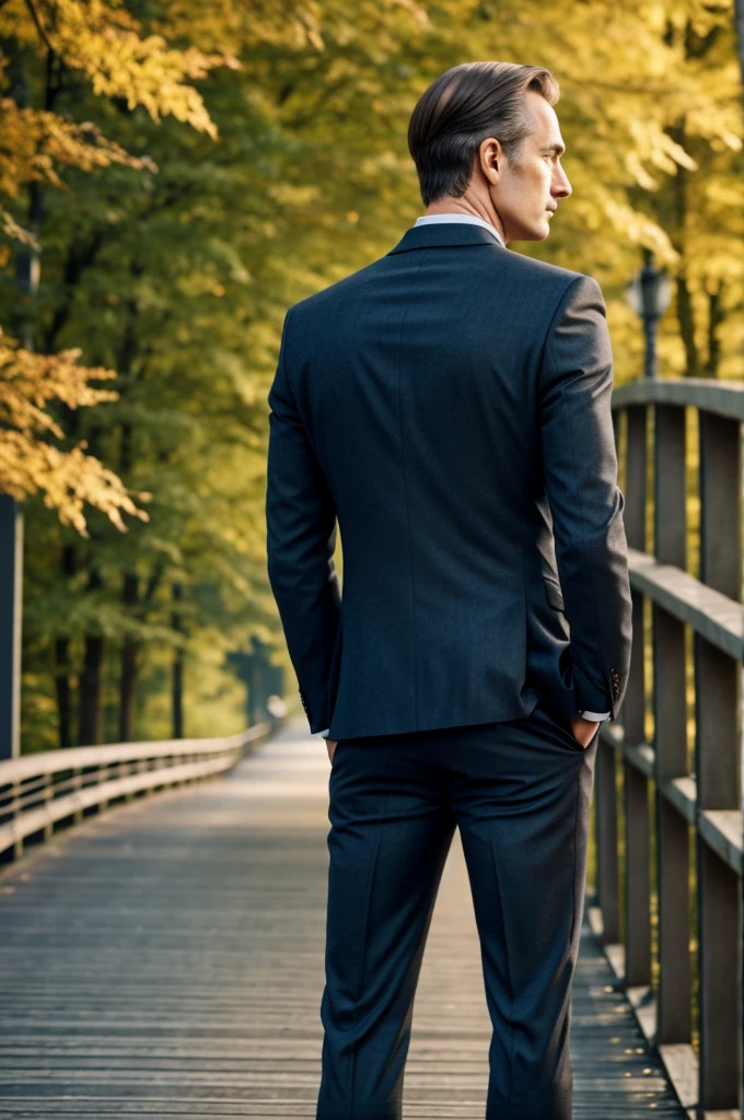 Masculine face standing on a bridge someone who have a sag mal wo gehst ab weiß intelligence close and turning his back