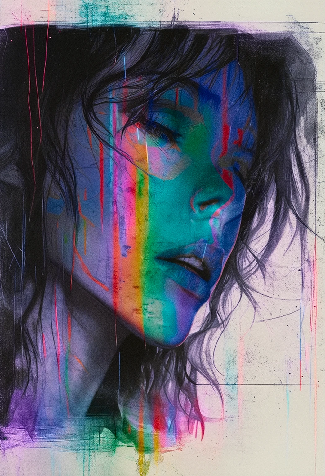 Twin Peaks, Shelley, unseen overwhelming maximal sorrow, VHS, glitch, distorted, nostalgia, 90's retro vibes, og tape, vcr aesthetics, tv, television, hand drawn, (full roygbiv color) ink charcoal expressive illustration, no light source, darkness, light mask uv rays across face,