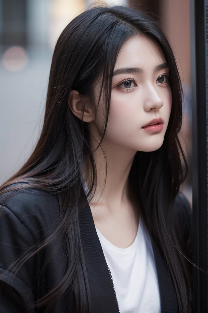 Photography of 20-year-old women, Perfect face, masterpiece, OK, , Black_OK, jacket, Black,Purple Eyes,Black long hair