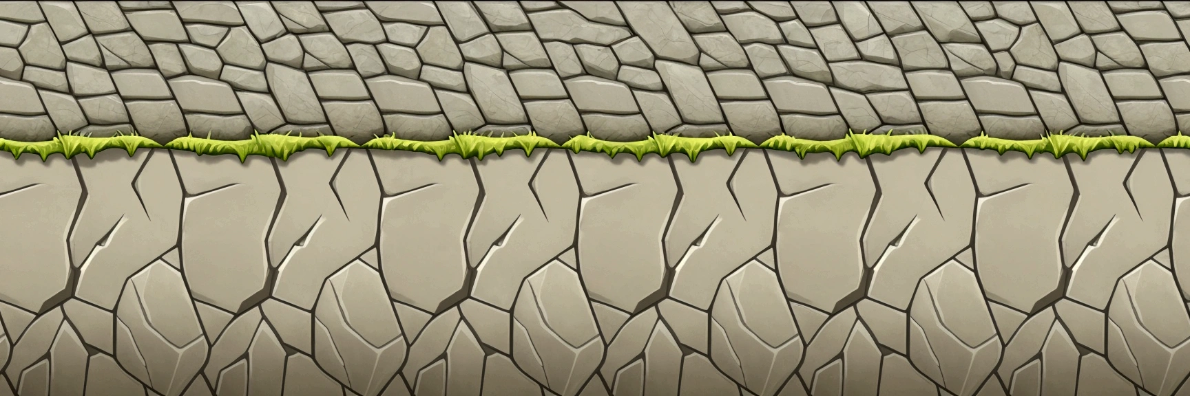 a cartoon illustration of a stone wall with grass growing on it, seamless game texture, game texture, video game texture, mobile game background, jagged blocks of stone, tileable texture, 2 d texture, 2d texture, tileset, detailed game art, stone texture, stylized layered textures, stylized stone cladding texture, dungeon background, game asset, flat texture