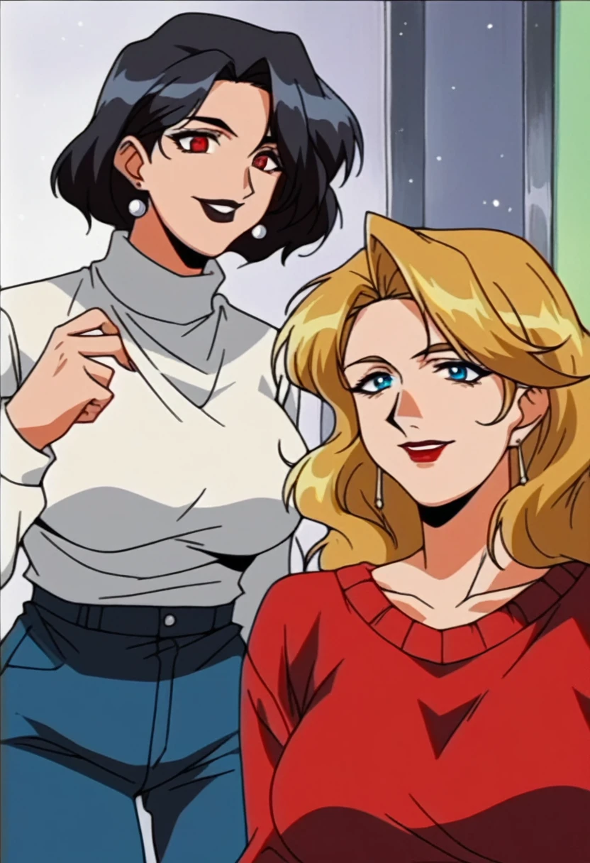2 woman, 1 beautyful mature woman, blonde wavy hair, encorped body, red lipstick, whole body red sweater, milf, red eyes, large breasts, huging, with 1 beautyful woman, black hair, messy hair, black sweater, blue eyes, black lipstick, smile