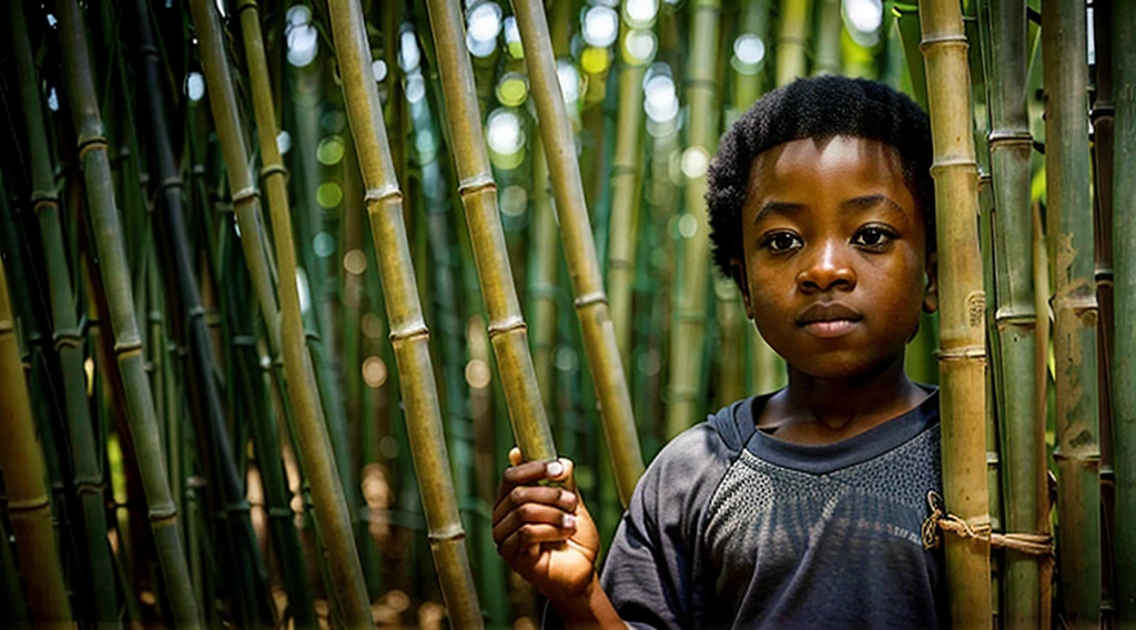 Image of a black teenager, 12 years old - wearing a dark gray long-sleeved shirt, short curly hair - long pants, straw sandals - gets up from the straw mat - bamboo leaf - wakes up scared with, looking in profile at the bamboo grove, image of the bamboo grove - Image of him getting up from the straw mat - wakes up early in the morning -