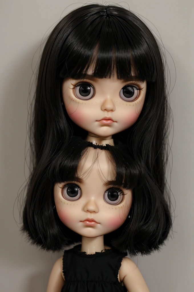 blythe doll, innocent big eyes, cute expression, lips pompous, black eyes, black hair straight short bangs