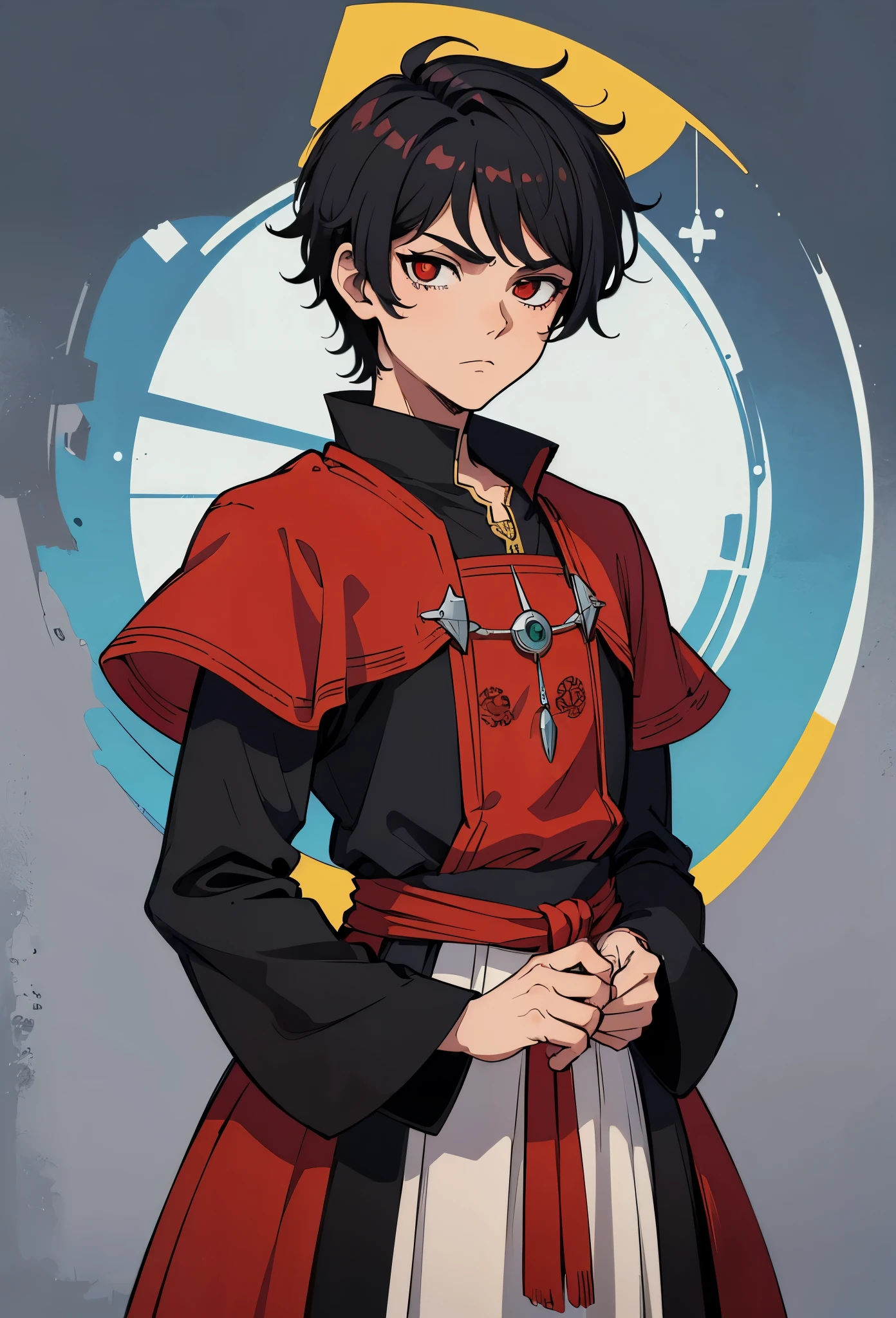 (Obra-prima, melhor qualidade: 1.2),(mage),alone, 1boy, masculino, black short hair , red eyes , medieval clothes , looking at the viewer