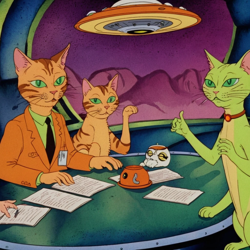 aliens flying saucer aliens journalists aliens interviewing a cat cat in shock green aliens