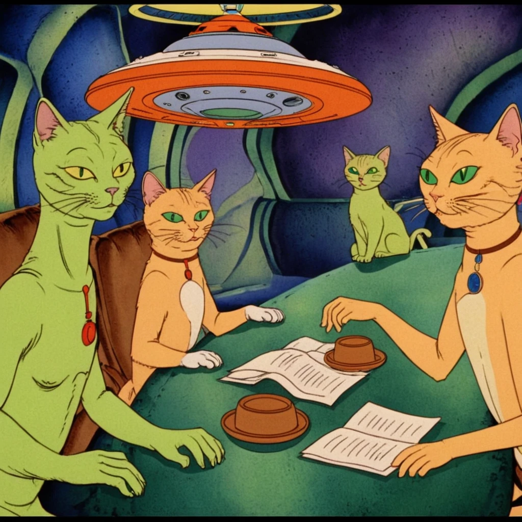 aliens flying saucer aliens journalists aliens interviewing a cat cat in shock green aliens 