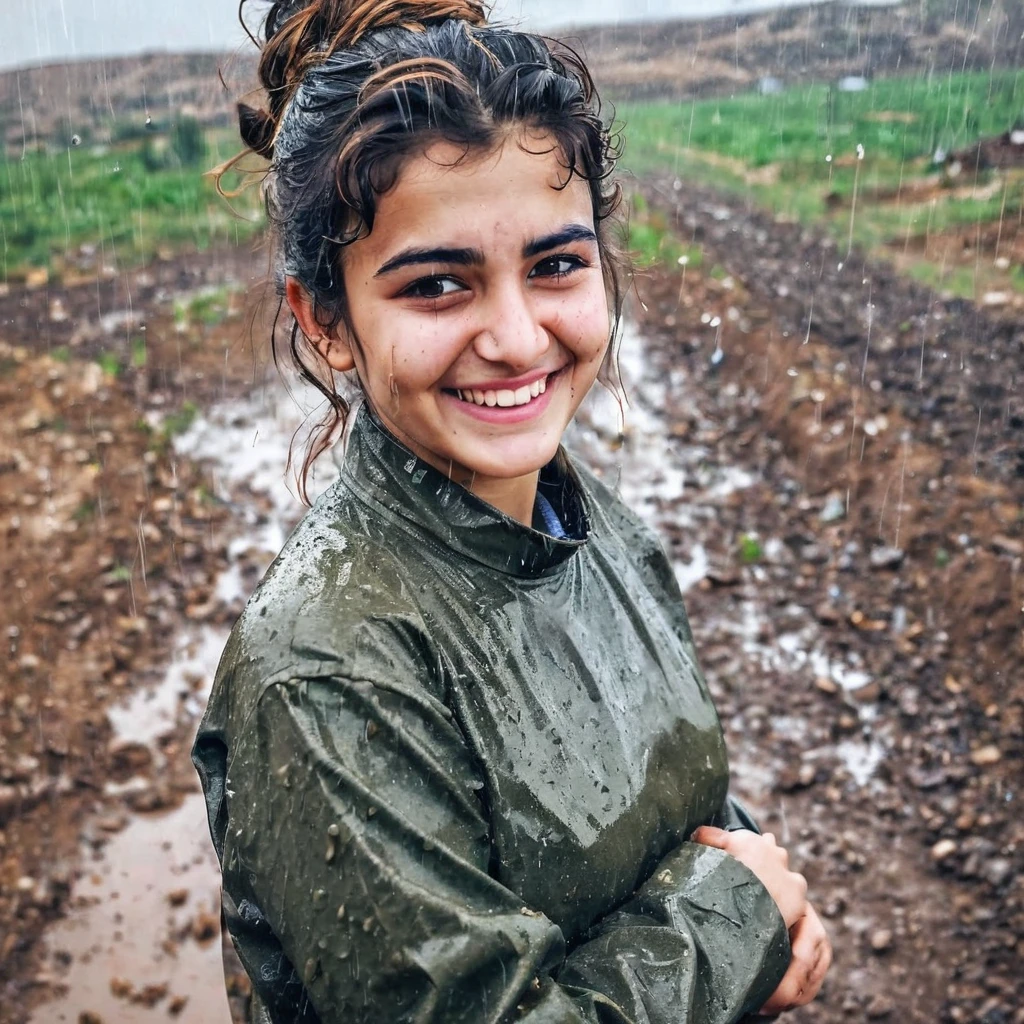 Curly bun hair beautiful kurdish girl standing in country raining dirty smiling naughty