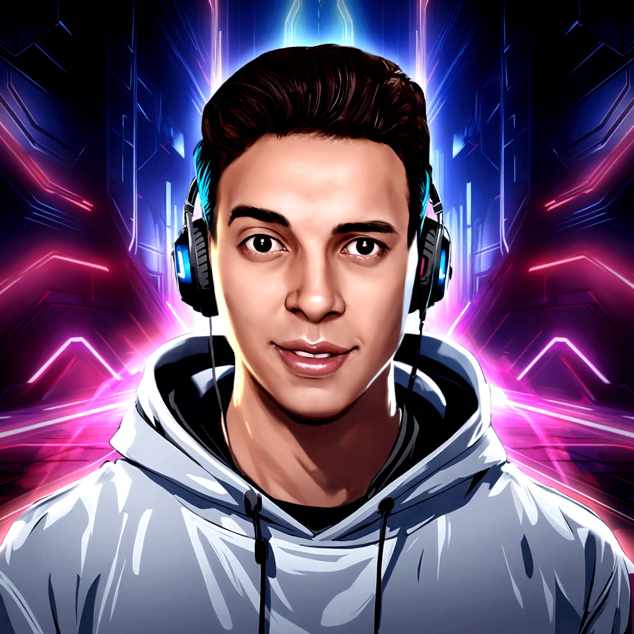 arafed image of a man with headphones on in front of a neon background, nft portrait, twitch streamer / gamer ludwig, profile picture 1024px, high quality portrait, epic game portrait, epic portrait illustration, sakimi, lofi portrait, jody highroller, portrait of jerma985, background artwork, twitch streamer, 2d portrait