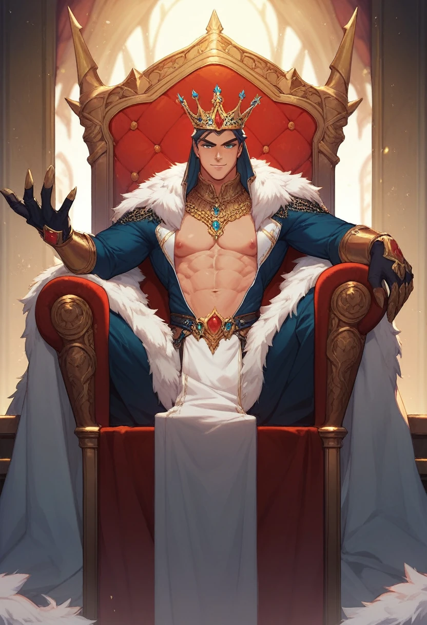 humans, A 25 year old boy, Skinny body, defined body, long hair, groomed hair, hair between the eyes, black hair, lower lip piercing, black eyes, flirtatious smile, Flirty attitude, horny, homosexuals, exit of the penis, huge penis, posing sexually, sitting on a throne, In a castle, Leg up, holding his huge cock, masculine, 