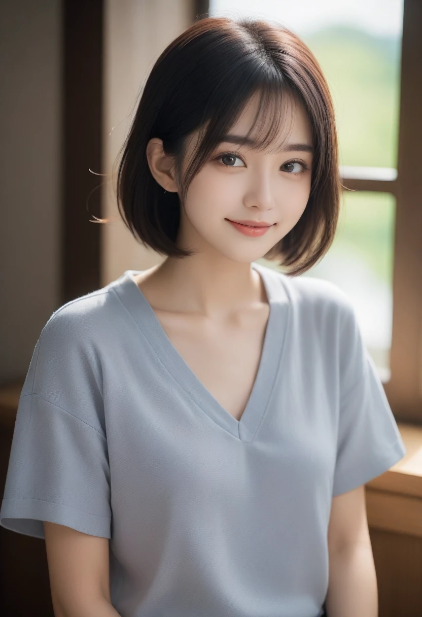 8K, Ultra-high resolution, Highest quality, masterpiece, 三分割法によるphotograph,Surreal, photograph, 1 Girl, (16 years old:1.3), pretty girl, Cute face, Beautiful eyes in every detail, 細かくdetailedに,masterpiece,, One Girl:1.2, Japan Female Announcer,whole body,Teenage Girl, Wearing only a grey cropped shirt with sleeves and flesh-coloured thong panties, Functional, With a sleepy look and a half-smile,,detailedな顔と目, Beautiful lip detail, 非常にdetailedな目と顔, Long eyelashes, Portraiture, 非常にdetailedな, Warm lighting, Soft Focus, Cinematic,Functionalな,A carefree smile,Heal the heart,Black Hair,Short Bob,Looking at the audience、beauty,Long neck、Laugh a little、Please close your mouth and laugh、(((Ideal body type))),A cup small breasts :2,、Portraiture:2、Perfect Anatomy、鮮明なdetailed、detailed、Surreal、Light and shadow,Strong light