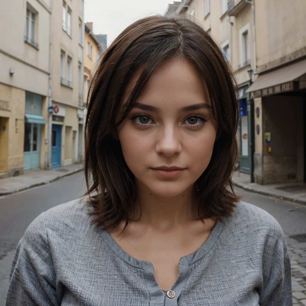 une femme brune, 25 ans toute mignonne et sexy (réaliste), (hyperréalisme), (photoréaliste), profondeur de champ, Maquillage pour les yeux:0.5, (tout le corp), (Taille fine:0.7), Regarder le spectateur, tenue décontractée, dans les rues de la ville de profile pour bien voir les fesses