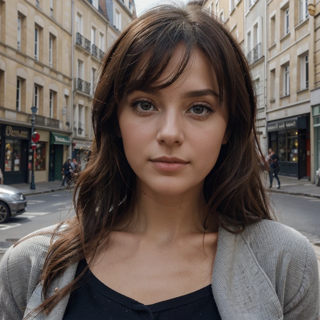 une femme brune, 25 ans toute mignonne et sexy (réaliste), (hyperréalisme), (photoréaliste), profondeur de champ, Maquillage pour les yeux:0.5, (tout le corp), (Taille fine:0.7), Regarder le spectateur, tenue décontractée, dans les rues de la ville de profile pour bien voir les fesses