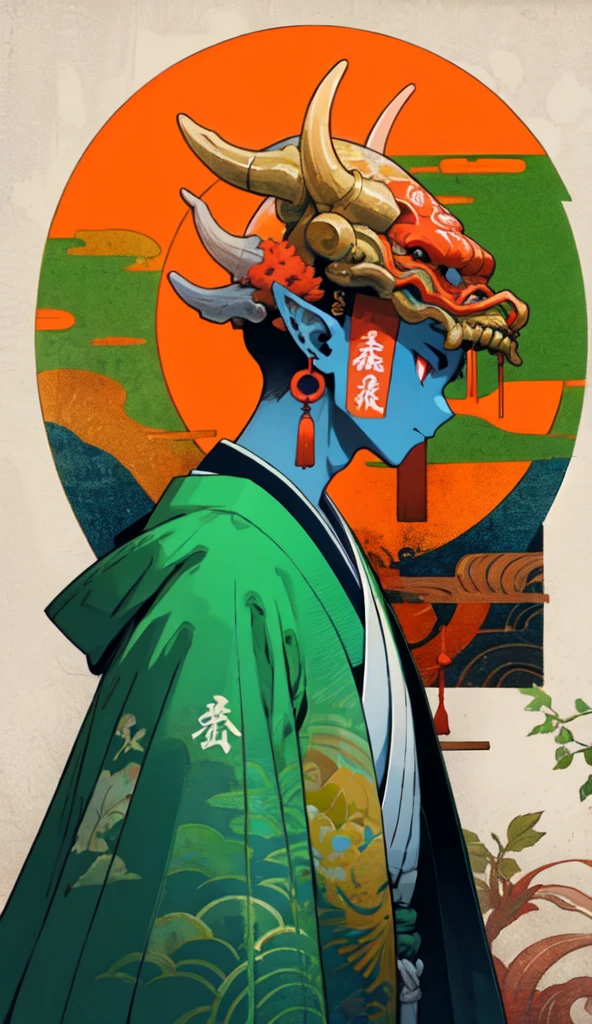 oniNFT, solo, 1boy, horns, male focus, colored skin, japanese clothes, colored sclera, pointy ears, blue skin, kimono, upper body, from side, profile  