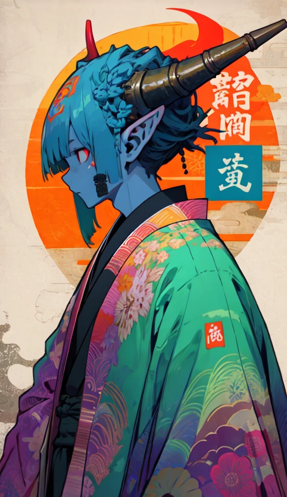 oniNFT, solo, 1boy, horns, male focus, colored skin, japanese clothes, colored sclera, pointy ears, blue skin, kimono, upper body, from side, profile  