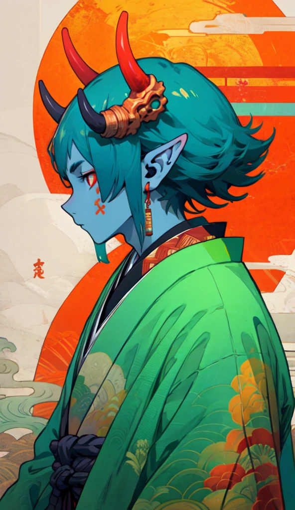 oniNFT, solo, 1boy, horns, male focus, colored skin, japanese clothes, colored sclera, pointy ears, blue skin, kimono, upper body, from side, profile  