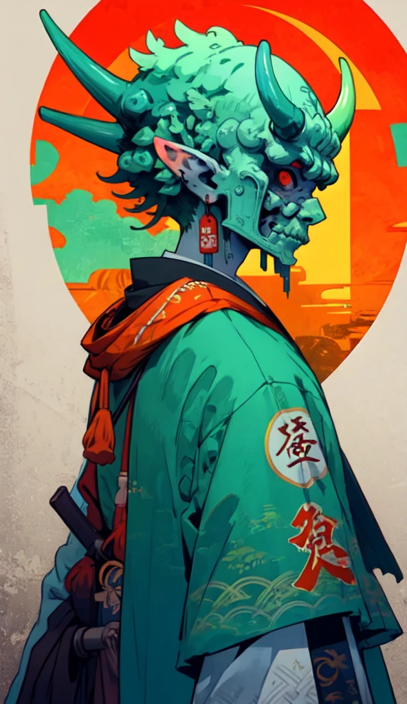 oniNFT, solo, 1boy, horns, male focus, colored skin, japanese clothes, colored sclera, pointy ears, blue skin, kimono, upper body, from side, profile  