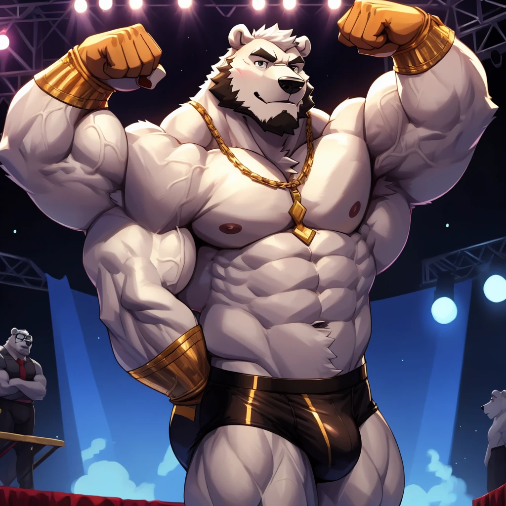 solo, 1boy, Huge White Muscular Polar Bear wearing glasses, huge white fur, pectoral, huge pectoral, wide pectoral, huge white fur, short white hair, blue competitive briefs, shirtless topless, bearded white,
White Mustache, bodybuilding competition stage background, masterpiece, high detailed, 8k, high resolution, at the stage flexing whole body veiny. (Side chest bodybuilding pose). Winner, gold metal