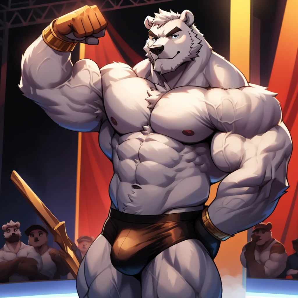 solo, 1boy, Huge White Muscular Polar Bear wearing glasses, huge white fur, pectoral, huge pectoral, wide pectoral, huge white fur, short white hair, blue competitive briefs, shirtless topless, bearded white,
White Mustache, bodybuilding competition stage background, masterpiece, high detailed, 8k, high resolution, at the stage flexing whole body veiny. (Side chest bodybuilding pose). Winner, gold metal