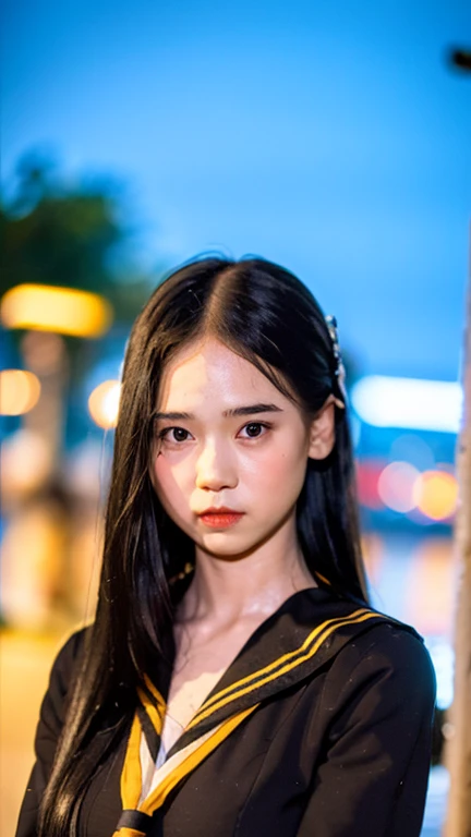 Masterpiece, best quality, ultra high res, realistic, (photorealistic:1.4), photography, rule of third, 1girl, (the girl wearing black sailor uniform), night, city light, cinematic lighting, 80s filter, detailed face , looking at viewer, front view, idol