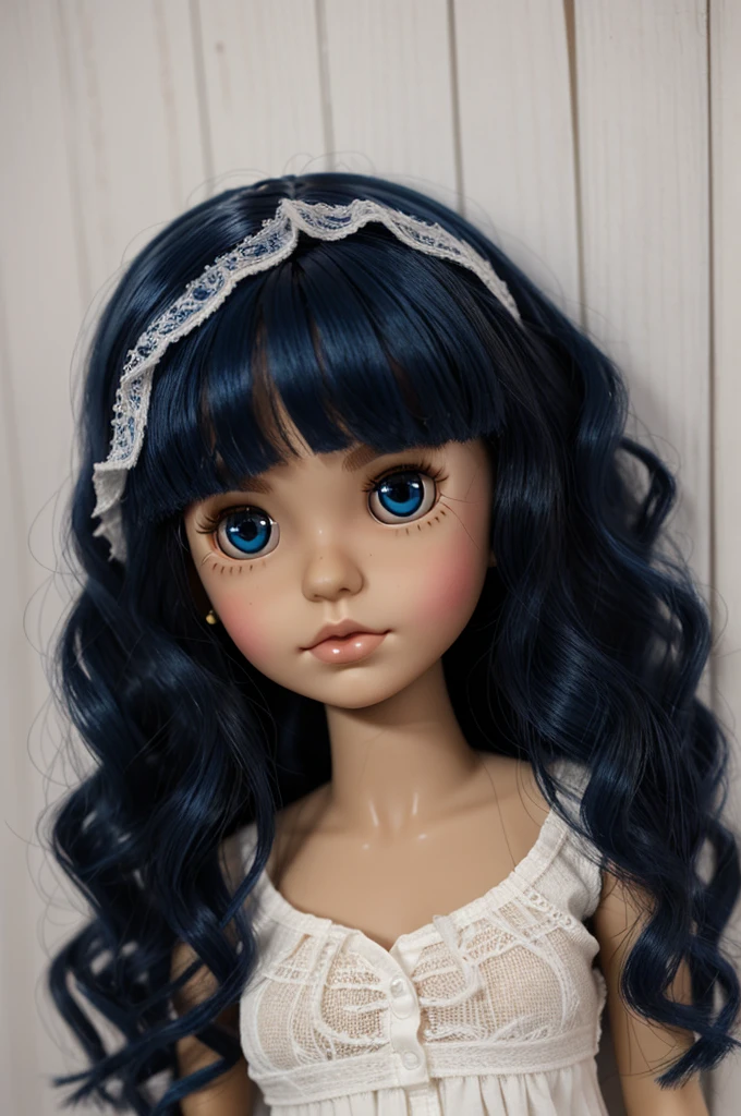 creates a Blythe doll with blue-black hair with waves and sheet music in the middle, with lip piercings, brown eyes and light skin