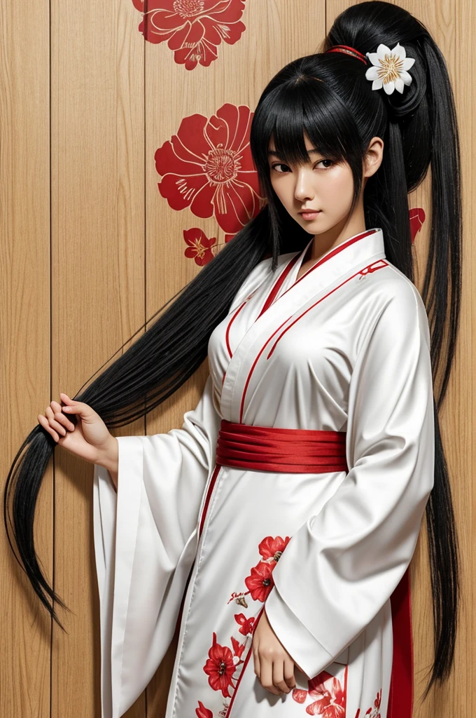 Asian, tall girl, long black hair tied in a ponytail (2 pins in the tied place), white long kimono with flower patterns and red trim on the edges, saodali with wooden low heels, katana on her right hand, narrow eyes, art style, 3 bust size , anime art style