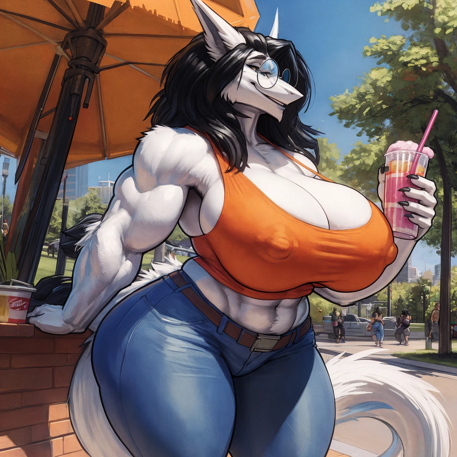by darkgem, by duase, by BNG, by sligarthetiger, solo, 1girl, sergal, anthro, female, older woman, bodybuilder, muscular, thicc, (round glasses:1.4), (white fur:1.3), (black hair:1.3), furry body, wide body, wide hips, thick thighs, big arms, (huge breasts:1.1), (heavy breasts:1.3), nipple outline, highly detailed eyes, milf, orange tank top, bare midriff, cleavage, large areolae, blue jeans, lowrise jeans, bare midriff, visible thong straps, Masterpiece, best quality, absurd res, highly detailed, cleanly drawn eyes, park environment, cute smile, standing upright, casual posture, buff, holding a smoothie