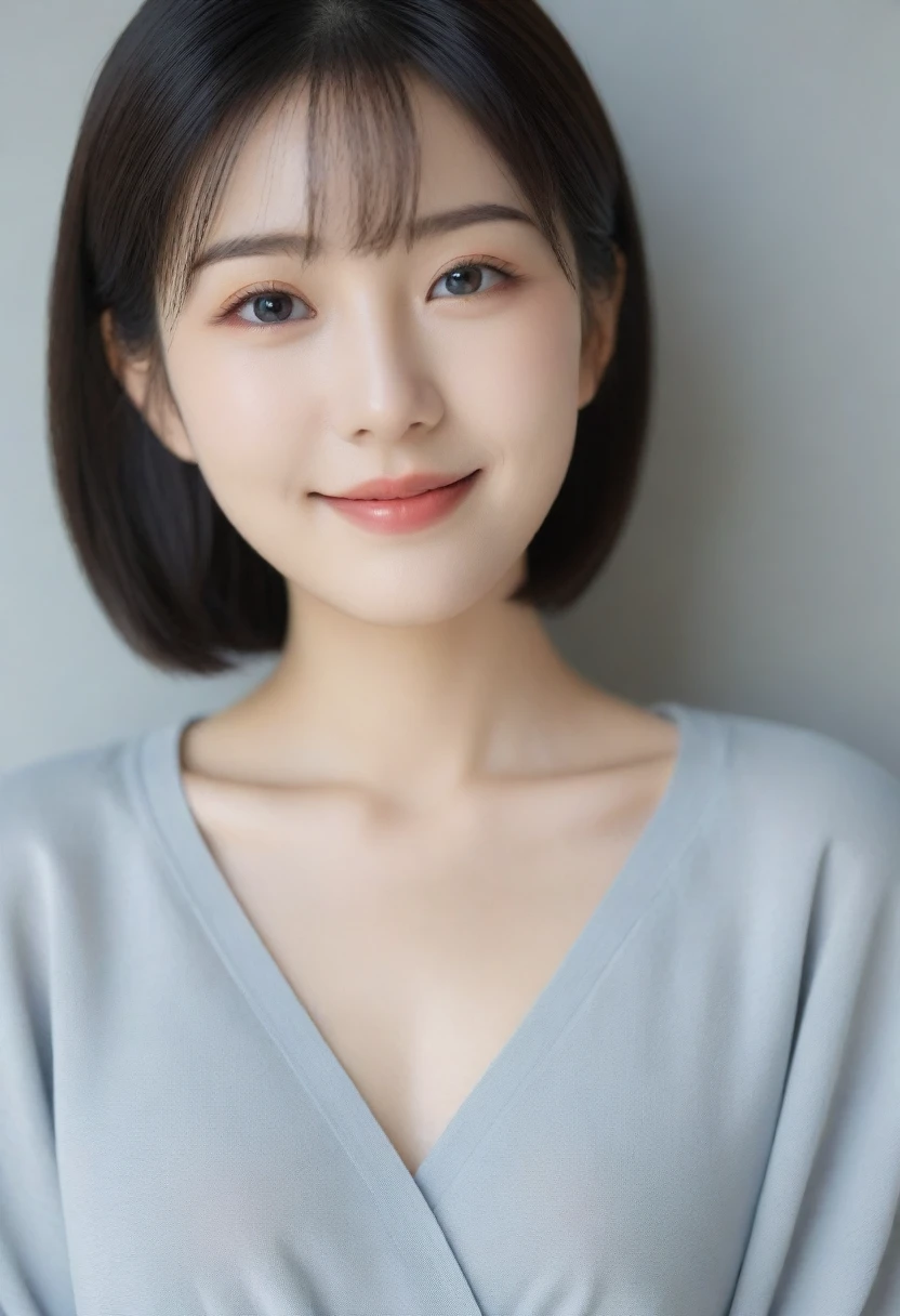 8K, Ultra-high resolution, Highest quality, masterpiece, 三分割法によるphotograph,Surreal, photograph, 1 Girl, (:1.3), pretty girl, Cute face, Beautiful eyes in every detail, 細かくdetailedに,masterpiece,, One Girl:1.2, Japan Female Announcer,whole body,Teenage Girlaring only a grey cropped shirt with sleeves and flesh-coloured thong panties, Functional, With a sleepy look and a half-smile,,detailedな顔と目, Beautiful lip detail, 非常にdetailedな目と顔, Long eyelashes, Portraiture, 非常にdetailedな, Warm lighting, Soft Focus, Cinematic,Functionalな,A carefree smile,Heal the heart,Black Hair,Short Bob,Looking at the audience、beauty,Long neck、Laugh a little、Please close your mouth and laugh、(((Ideal body type))),A cup small breasts :2,、Portraiture:2、Perfect Anatomy、鮮明なdetailed、detailed、Surreal、Light and shadow,Strong light