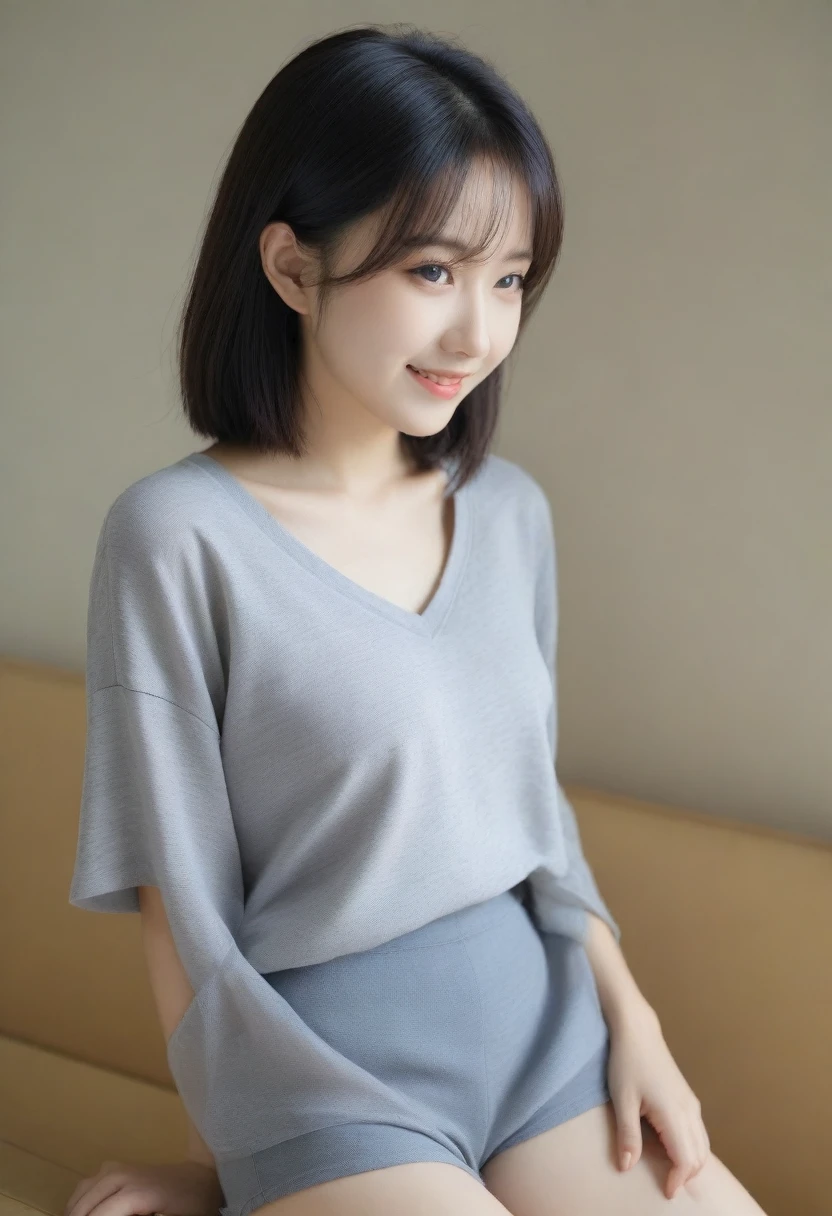 8K, Ultra-high resolution, Highest quality, masterpiece, 三分割法によるphotograph,Surreal, photograph, 1 Girl, (:1.3), pretty girl, Cute face, Beautiful eyes in every detail, 細かくdetailedに,masterpiece,, One Girl:1.2, Japan Female Announcer,whole body,Teenage Girl, Wearing only a grey cropped shirt with sleeves and flesh-coloured thong panties, Functional, With a sleepy look and a half-smile,,detailedな顔と目, Beautiful lip detail, 非常にdetailedな目と顔, Long eyelashes, Portraiture, 非常にdetailedな, Warm lighting, Soft Focus, Cinematic,Functionalな,A carefree smile,Heal the heart,Black Hair,Short Bob,Looking at the audience、beauty,Long neck、Laugh a little、Please close your mouth and laugh、(((Ideal body type))),A cup small breasts :2,、Portraiture:2、Perfect Anatomy、鮮明なdetailed、detailed、Surreal、Light and shadow,Strong light