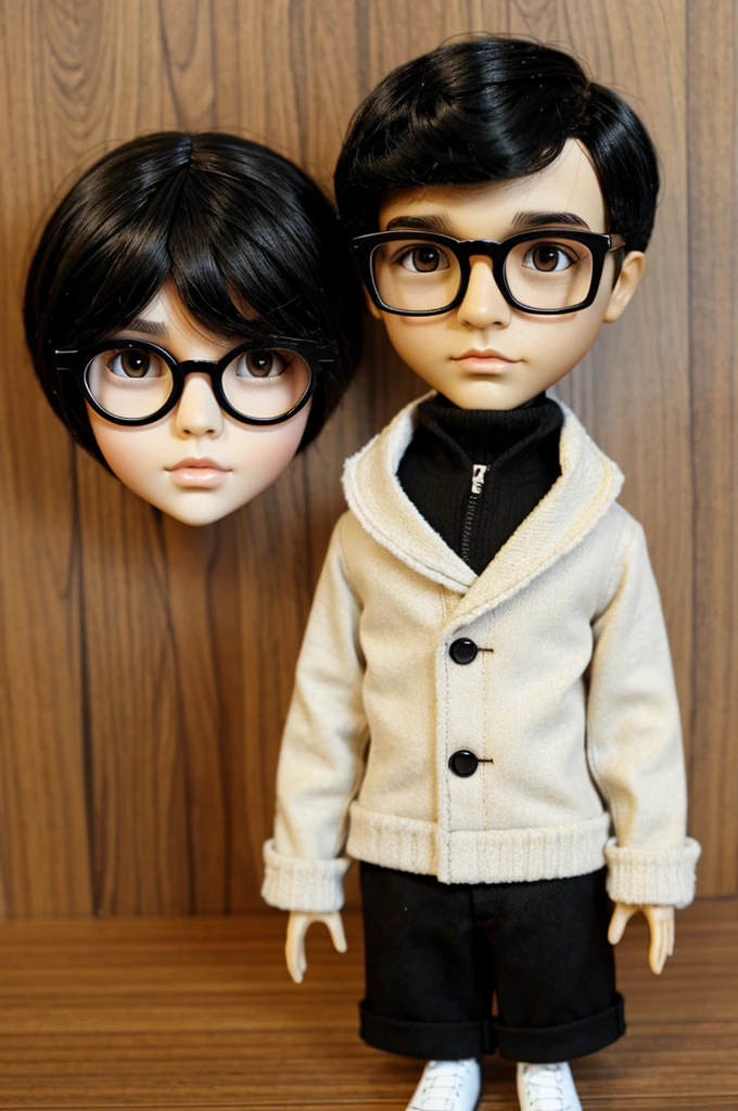blythe doll man, short black hair, black eyes, glasses